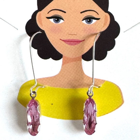 Jewelry - Silver and Pink Rhinestone Crystals Silver Plated Long Hook Earrings Item #355